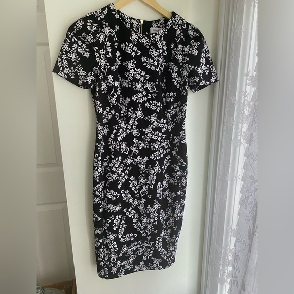 Calvin Klein Floral Sheath Dress Size 4 Black White Career Office Scuba Crepe - Picture 1 of 5